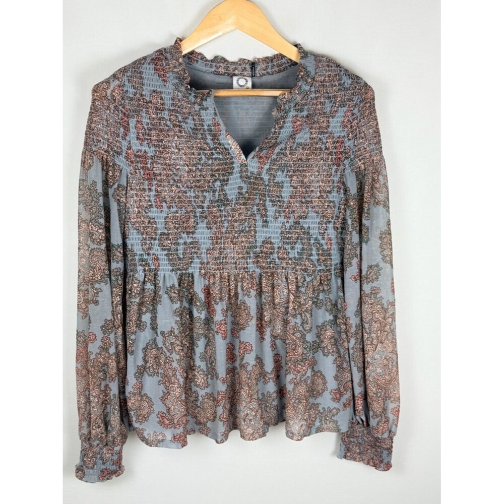 Akemi + Kin Blouse Womens Small Paisley Smocked Boho Sheer Sleeve Peasant Top